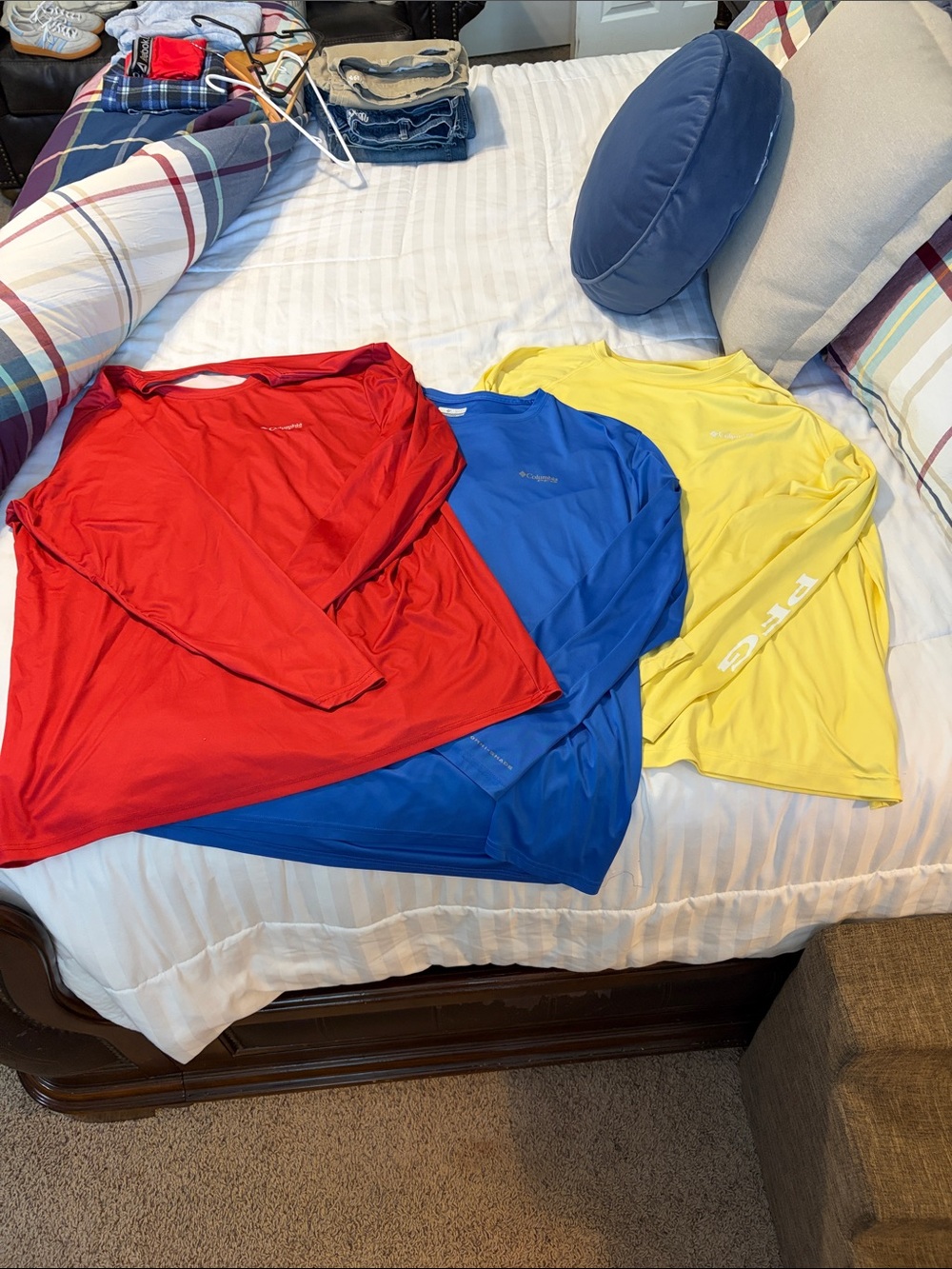 Lot of 3 Columbia Red, Blue & Yellow Long Sleeve Performance Tops
